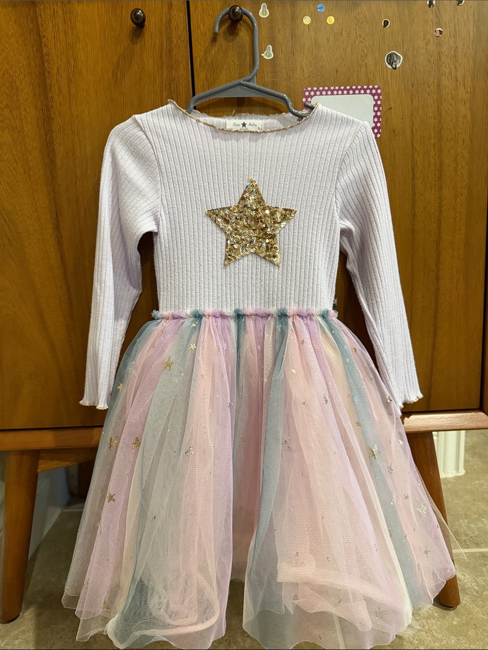Girls Pastel Tulle Star Dress with Gold Sequin Detail